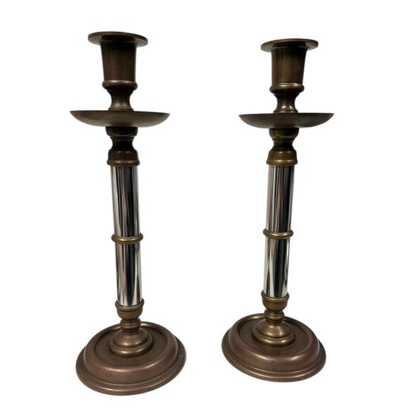 Vintage Mixed Metal Candlesticks Brass and Steel With Pantina 12' tall MCM - Picture 13 of 13